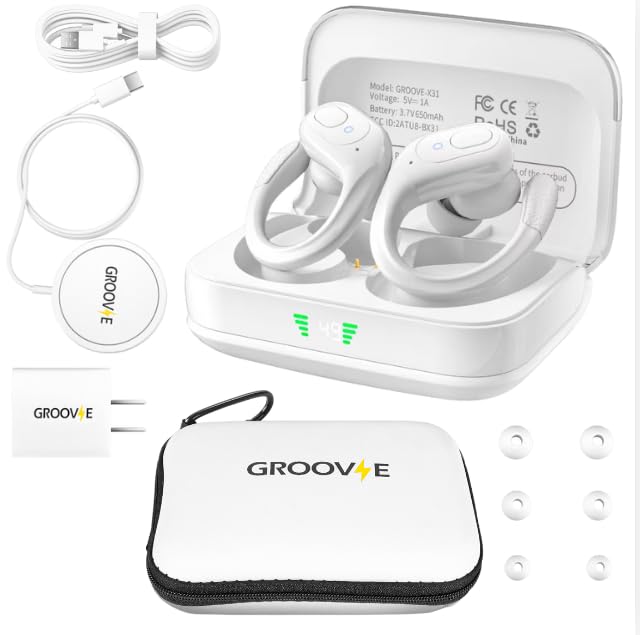 Groove Wireless Bluetooth Earbuds Over Ear Electronics | 4-in-1 Kit | Includes (2) Ear Buds (1) Rechargeable Case with Cable (1) Wireless Charging Pad for Mobile Phone (1) Travel Bag | Travel Kit - color: White