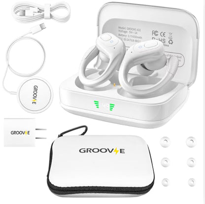 Groove Wireless Bluetooth Earbuds Over Ear Electronics | 4-in-1 Kit | Includes (2) Ear Buds (1) Rechargeable Case with Cable (1) Wireless Charging Pad for Mobile Phone (1) Travel Bag | Travel Kit - color: White