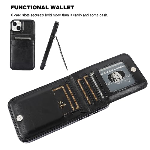 KIHUWEY for iPhone 15 Plus Wallet Case Card Holder Kickstand, Black | Credit Card Slots, PU Leather, Magnetic Clasp, Flip Heavy Duty Protection Cover for Men and Women - color: Black