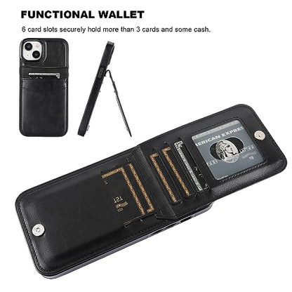 KIHUWEY for iPhone 15 Plus Wallet Case Card Holder Kickstand, Black | Credit Card Slots, PU Leather, Magnetic Clasp, Flip Heavy Duty Protection Cover for Men and Women - color: Black