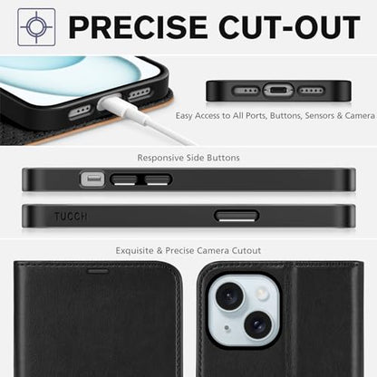 TUCCH Wallet Case for iPhone 15 (6.1") 2023, 4 Card Slots, Black & Brown | RFID Blocking, Viewing Stand, Shockproof TPU Shell, PU Leather, Magnetic Closure, Protective Folio Flip Cover - color: Black & Brown