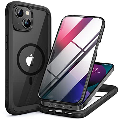 miracase for iPhone 13 Case 6.1'',Full-Body Magnetic Clear Bumper Case with Built-in 9H Tempered Glass Screen Protector,Military Drop Protection Outdoor Phone Case,Black | Full-Body Protection,Magnetic with MagSafe,Military-Grade Drop Protection Outdoor C