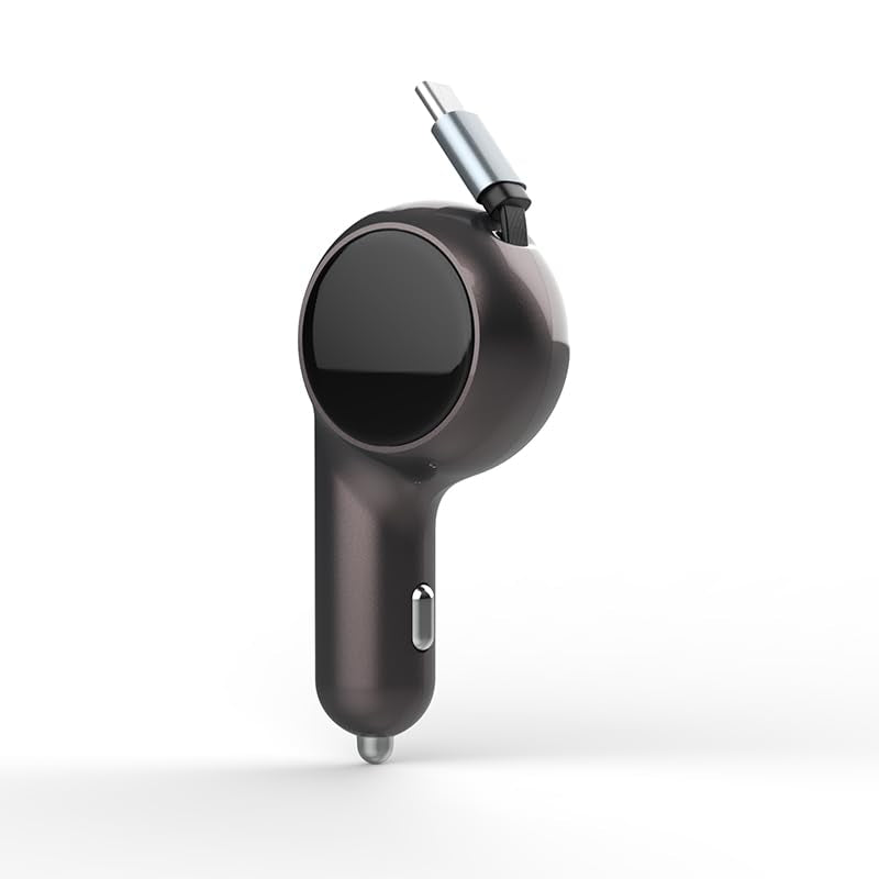 K2 Model 60W Retractable USB-C Car Charger Dual Port Fast Charging Adapter Compact, Travel-Ready Works with iPhone 15, Samsung, iPad, MacBook for Trucks & Cars