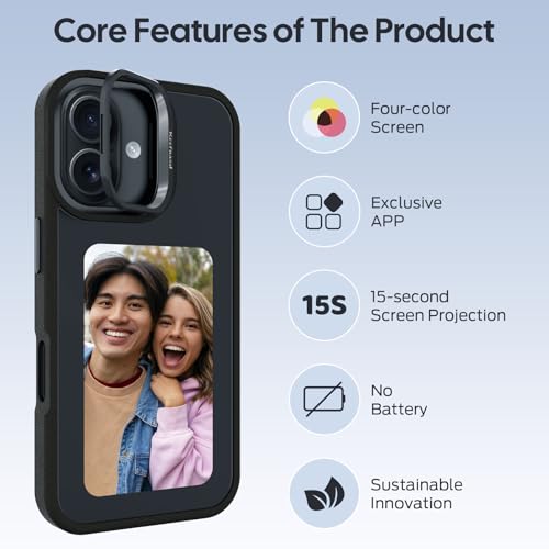 Smart E Ink Phone Case for iPhone 16, 4.0" 4-Color NFC Changing Picture Case, Digital Photo Display Protective Cover, Anti-Drop Water-Resistant, Black