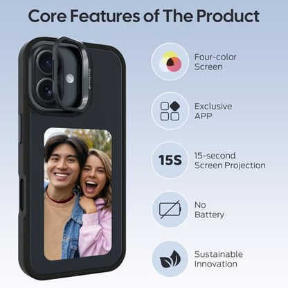 Smart E Ink Phone Case for iPhone 16, 4.0" 4-Color NFC Changing Picture Case, Digital Photo Display Protective Cover, Anti-Drop Water-Resistant, Black