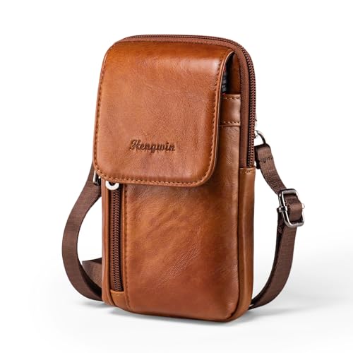 Genuine Leather Crossbody Bag for Men/Women, Small Messenger Bag Cell Phone Purse Shoulder Holster Passport Pouch - color: Brown_B