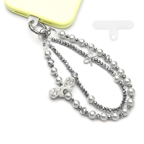 Beaded Phone Charm Wrist Strap Detachable Anti-Theft Phone Lanyard - color: 03-Gray Bow