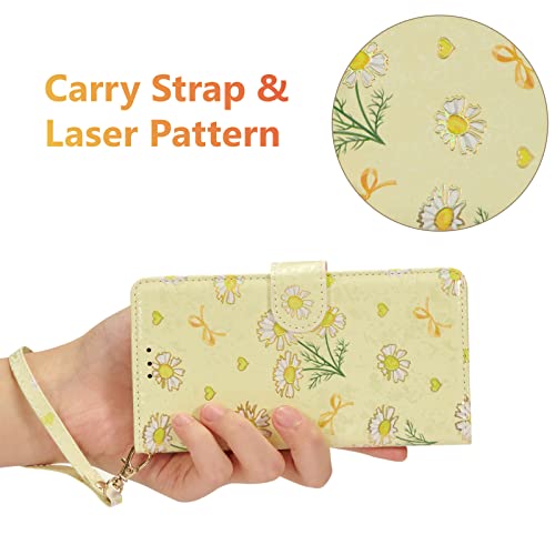UEEBAI Wallet Case for iPhone 15, PU Leather Phone Cover Kickstand RFID Blocking Flip Case Card Slots Wrist Strap Relief Engraved Pattern Magnetic Closure Flower Folio Wallet, Yellow Daisy - color: Yellow Daisy, size: iPhone 15