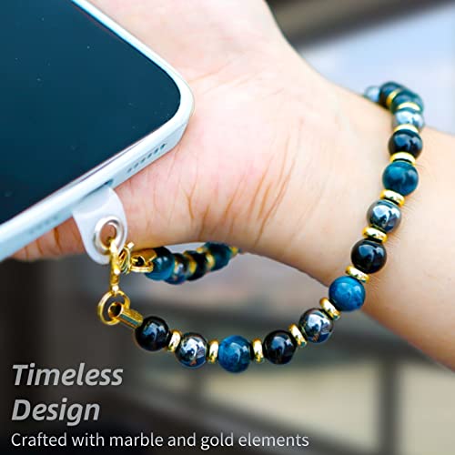 Marble Beaded Phone Wrist Strap for Women, Detachable Design - color: Blue Tiger’s Eye