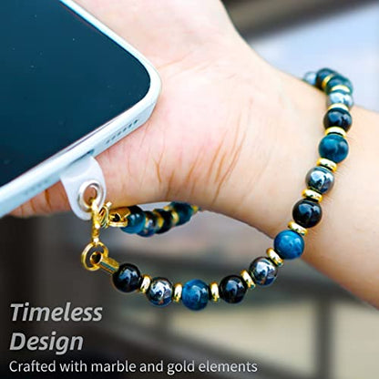 Marble Beaded Phone Wrist Strap for Women, Detachable Design - color: Blue Tiger’s Eye