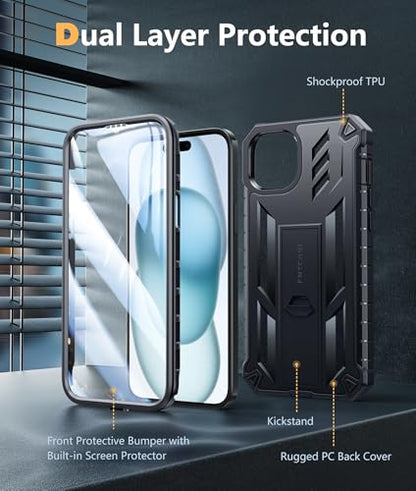 FNTCASE for iPhone 15 Plus Case, Built-in Screen Protector, Kickstand Black | Military-Grade Drop Protection, Anti-Slip Matte Textured, Rugged Heavy Duty Shockproof TPU Protective Cover - color: Black