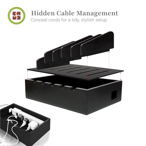 Prosumer's Choice Charging Station for Multiple Devices - 5 Device Charger Organizer for Smartphones and Tablets - Wooden Rack with Removable Dividers - Charging Dock for Work from Home - Black