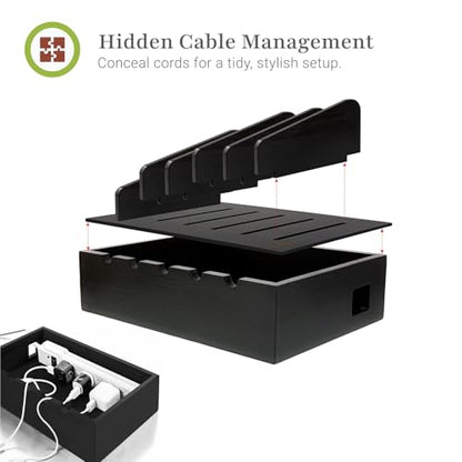 Prosumer's Choice Charging Station for Multiple Devices - 5 Device Charger Organizer for Smartphones and Tablets - Wooden Rack with Removable Dividers - Charging Dock for Work from Home - Black