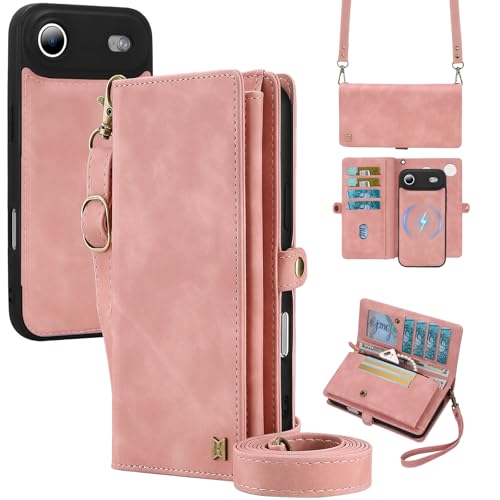 for Wallet Case Compatible with iPhone 17 Air,Multi-Function Detachable 2 in 1 Magnetic iPhone 17 Air Case Wallet,Flip Strap Zipper Card Holder Phone Case with Shoulder Straps (Pink) - color: Pink, size: iPhone 17Air