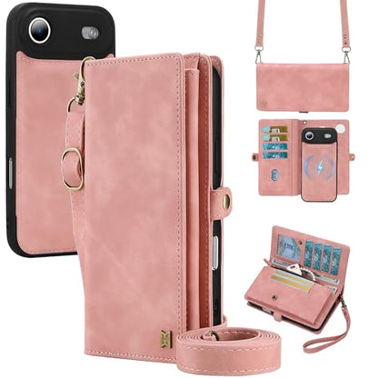 for Wallet Case Compatible with iPhone 17 Air,Multi-Function Detachable 2 in 1 Magnetic iPhone 17 Air Case Wallet,Flip Strap Zipper Card Holder Phone Case with Shoulder Straps (Pink) - color: Pink, size: iPhone 17Air