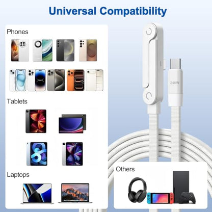 USB C to USB C Charger Cable 3Pack 5FT, 240W 2-in-1 Nylon Braided USB C Charger Cable with Built-in Phone Stand, Fast Charging Cord 90° Right Angle Compatible with iPhone iPad Samsung Galaxy, White - color: White