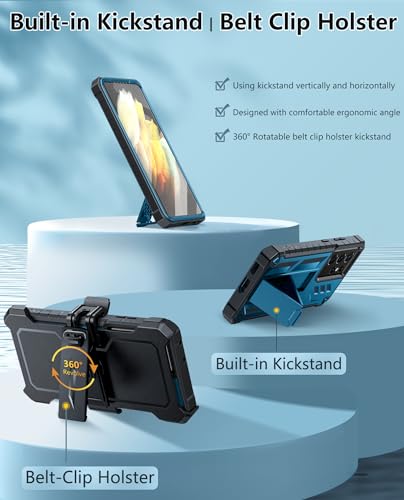 FNTCASE for Samsung Galaxy S21 Ultra Case with Belt Clip and Kickstand Blue | Built-in Screen Protector, Military-Grade Drop Protection, Rugged Heavy Duty Shockproof Holster Protective Cover - color: Blue