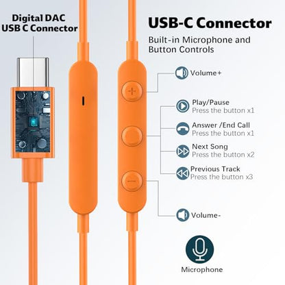 USB C Headphones for iPhone 18 Pro Max 17 16 Wired Earbuds,0range - color: Orange