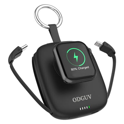 Small Portable Charger 5000mAh,iWatch Wireless Charger Mini Power Bank with Built-in Cable,Travel Keychain Charger for Apple Watch 11/10/9/8/Ultra/7/6/Se/5/4,iPhone 17/16/15/14/13/12,Android Phone - color: Black