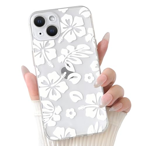 NITITOP Compatible with iPhone 13 Case Cute Clear Aesthetic Floral Flower Hibiscus Pattern for Girls Women Soft TPU Full Camera Lens Shockproof Protective Phone Cover - White - color: White, size: iPhone 13