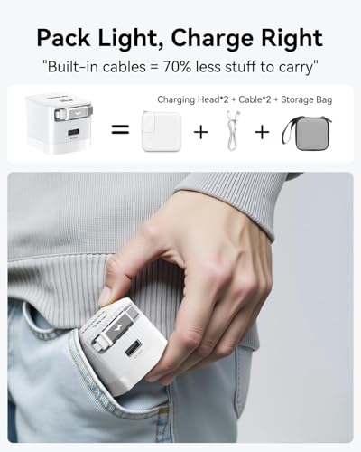 USB-C Charger Block, 30W GaN 2 Port Fast Charging w/Built-in Retractable C Cable & Foldable Plug, PD/PPS for iPhone 16Pro Max/16/Pixel 9 pro/Galaxy/iPad/MacBook (White-2pcs) - color: 30W*white*2