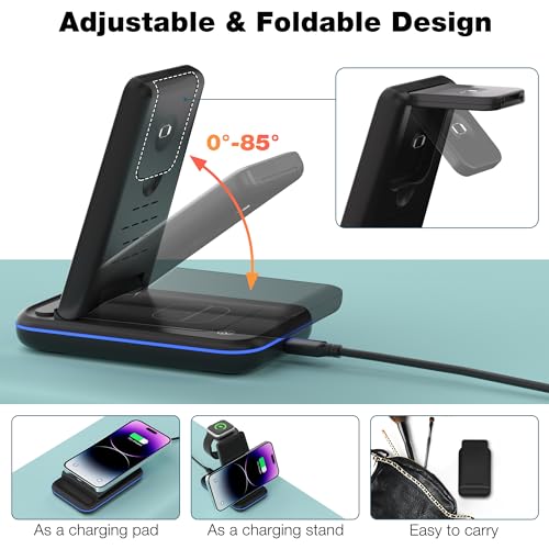 Wireless Charger for iPhone, Foldable 3 in 1 Fast Charging Station/Stand/Multi Charger for iPhone15 14 13 12 11/Xs/XR/X/8, Travel Pad for Apple Watch S8/Ultra/7/6/5/4/3/2/SE, Airpods 2/3/Pro/Pro 2