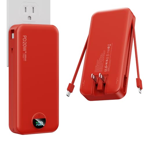Nusyddy Portable Charger 20000mAh Fast Charging w/Built-in Wall Plug Red - color: Ruby