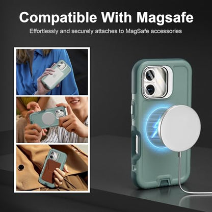 Follaroma Magnetic for iPhone 17 Case with Camera Stand, Green, 6.3" | Built-in Glass Camera Cover,Compatible with MagSafe,Heavy Duty Shockproof Protective,Military-Grade Anti-DropDual Layer Cover - color: Green, size: iPhone 17 6.3''