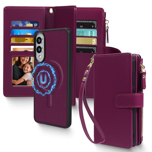 Magnetic Case for Samsung Galaxy S25 Edge Wallet Compatible with Magsafe RFID Blocking Card Holder Detachable Phone Cover Kickstand Snap Strap Zipper Pocket PU Leather (Burgundy) - color: Burgundy, size: Galaxy S25 Edge