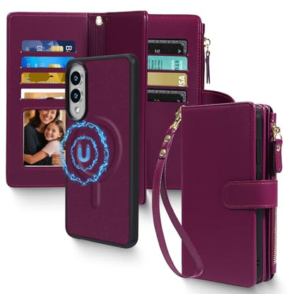 Magnetic Case for Samsung Galaxy S25 Edge Wallet Compatible with Magsafe RFID Blocking Card Holder Detachable Phone Cover Kickstand Snap Strap Zipper Pocket PU Leather (Burgundy) - color: Burgundy, size: Galaxy S25 Edge