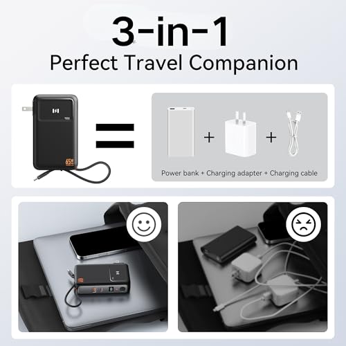 Selore&S-Global 3-in-1 Portable Phone Charger with Wall Plug, 10000mAh USB-C Power Bank with Built in Cable, 35W Portable Battery Pack for iPhone Samsung Android & 65W Wall Charger for Laptop MacBook