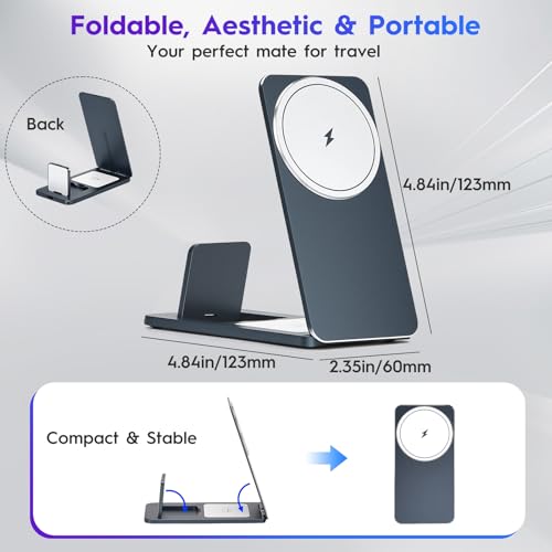 3-in-1 Wireless Charging Station, Foldable Magnetic Charger Stand Compatible with iPhone, Apple Watch, Apple Earphone, 15W Fast Charging, Portable Travel Dock