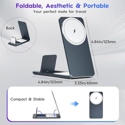 3-in-1 Wireless Charging Station, Foldable Magnetic Charger Stand Compatible with iPhone, Apple Watch, Apple Earphone, 15W Fast Charging, Portable Travel Dock
