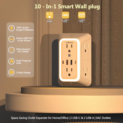 Wall Outlet Extender with Night Light, Power Plug Adapter Multi Plug Outlet Surge Protector with 4 USB Charging Ports (2 USB C), Adapter Spaced Outlets for Home Travel Office-ETL - color: White with Night Light