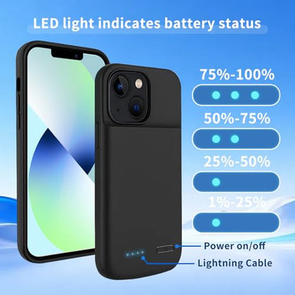 Battery Charger Case for iPhone 13/14, 10000mAh Extended Portable Charger Case (6.1'inch) with Secure Fit & LED Power Indicator-Black