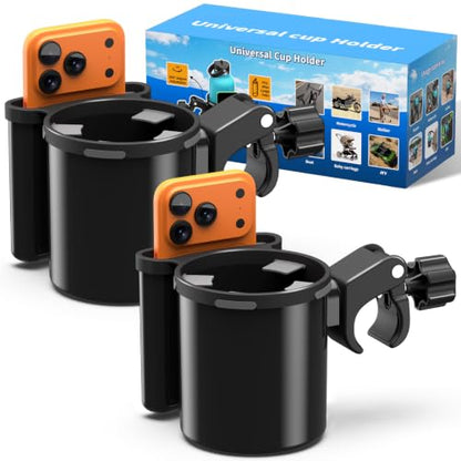 Universal Clamp-on 2-in-1 Cup Holder & Phone Holder for Stroller, Walker, Wheelchair, Fits 12oz-40oz Drinks, Multifunctional Storage Organizer, Pack of 2 - color: Pack Of 2