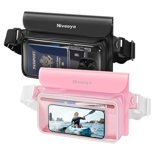 Niveaya IPX8 Floating Waterproof Fanny Pack Holds Phone, Passport & Cash | Large Capacity Touch Screen Adjustable Waist Strap for Kayaking, Paddle Boarding, Waterpark & Swimming Essentials - color: Black&Pink
