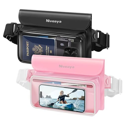 Niveaya IPX8 Floating Waterproof Fanny Pack Holds Phone, Passport & Cash | Large Capacity Touch Screen Adjustable Waist Strap for Kayaking, Paddle Boarding, Waterpark & Swimming Essentials - color: Black&Pink