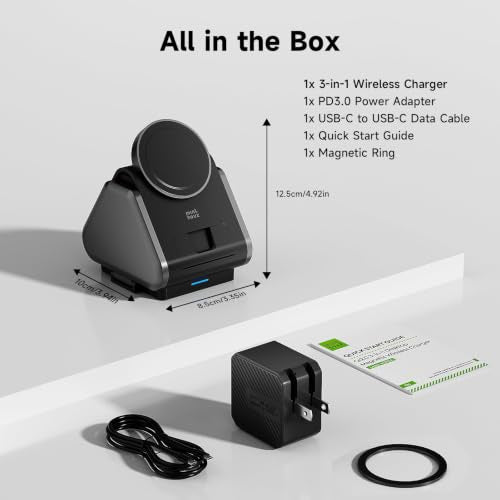 3 in 1 Charging Station, Mag Safe Wireless Charger Stand, Qi2-enable, 15W Multiple Device Magnetic Charging Station for iPhone 16,15,14,13,12 Series, Apple Watch, AirPods (USB-C Charger Included)