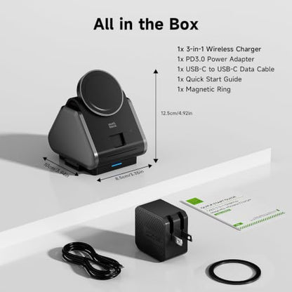 3 in 1 Charging Station, Mag Safe Wireless Charger Stand, Qi2-enable, 15W Multiple Device Magnetic Charging Station for iPhone 16,15,14,13,12 Series, Apple Watch, AirPods (USB-C Charger Included)