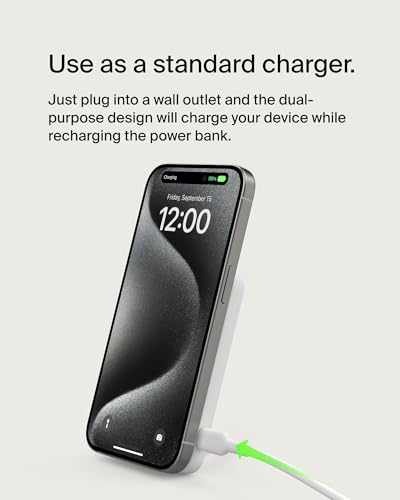 Belkin 5000mAh 15W Qi2 MagSafe Power Bank with Kickstand | Wireless Charging Battery Pack, iPhone 17, Air, Pro, Pro Max, AirPods, Apple Watch, Google Pixel 10, Built-in Stand, Magnetic - color: White, style: 5K mAh