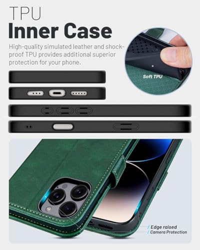 OCASE Compatible with iPhone 16 Pro Wallet Case, PU Leather Flip Folio Case with Card Holders RFID Blocking Kickstand [Shockproof TPU Inner Shell] Phone Cover 6.3 Inch 2024, Blackish Green - color: Blackish Green