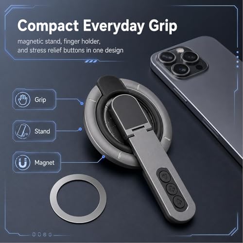 3-in-1 Magnetic Phone Grip Stand,Gym Phone Holder Magnet,360 Roration Angle Adjustment, Silicone Finger Ring,Innovative Pressure-Relief Damping Hinge Design for All Phones(Grey)