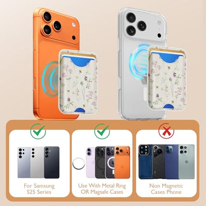 Compatible with Magsafe Wallet Magnetic Card Holder - Flowers Phone Wallets for Women Teen Girls Cute for iPhone 17/16/15/14/13/12 Series Slim for Apple Mag RFID Magnet,Fit 3 Cards - color: Flowers
