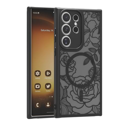 for Samsung Galaxy S23 Ultra Case Magnetic,Aesthetic Cute Floral Black Rose Pattern Slim Protective Phone Case for Women Girl,TPU Bumper Shockproof Cover for S23 Ultra Compatible with MagSafe - color: Manetic Black Rose, size: S23 Ultra