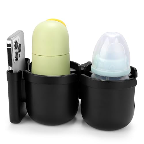 Accmor Stroller Cup Holder with Phone Holder, Bike Cup Holder, Universal Cup Holder for Uppababy Nuna Strollers, 2-in-1 Drinks Holder for Walker, Wheelchair, Scooter - color: Double Holder-All Black