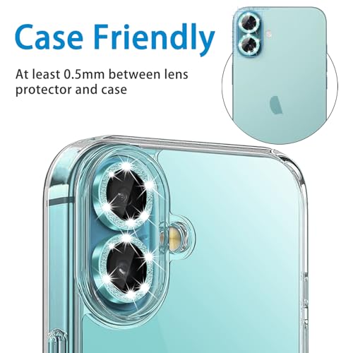 Designed for iPhone 16 and 16 Plus Camera Lens Protector, Bling Glitter Diamond Lens Cover 9H Tempered Glass Camera Cover Anti Scratch Shockproof Screen Protector - color: Teal Glitter