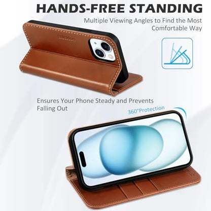 SHIELDON Genuine Leather Case Wallet for iPhone 15 6.1" 2023, Retro Brown | Magnetic Closure, RFID Blocking, Credit Card Slot, Kickstand, Flip Book Design, Shockproof Phone Cover - color: Retro Brown