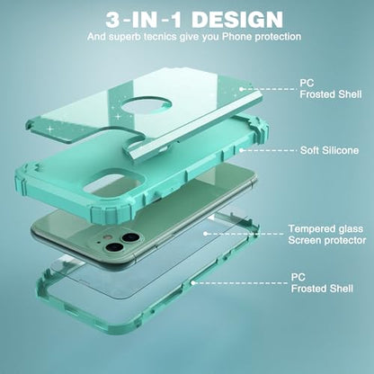 IDweel for iPhone 11 Case with Screen Protector(Tempered Glass), Hybrid 3 in 1 Shockproof Slim Fit Heavy Duty Protection Hard PC Cover Soft Silicone Bumper Full Body Case,Glitter Cyan - color: Glitter Cyan