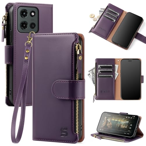 Shieldtop Compatible with Motorola Moto G 2026/2025 / G Play 2026 Wallet Case with Card Holder,Women Men RFID Blocking PU Leather Flip Phone Case Wrist Strap Zipper Credit Card Slots,Dark Purple - color: Dark Purple, size: Moto G 2026 / 2025 / G Play 2026